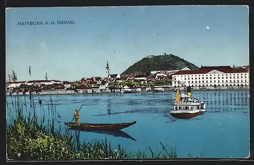 AK Hainburg a. d. Donau, Uferpartie mit Dampfboot