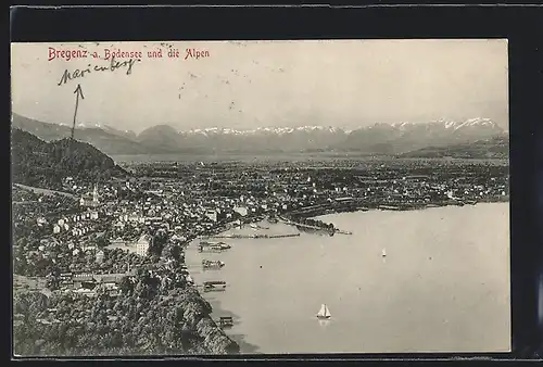 AK Bregenz a. Bdensee, Teilansicht und die Alpen