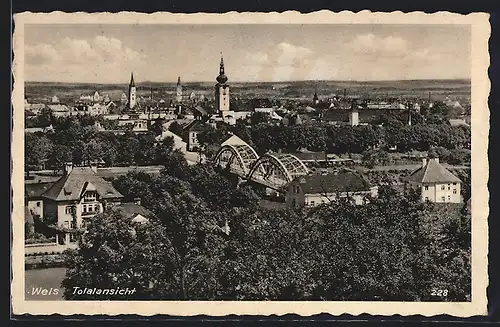 AK Wels, Totalansicht mit Kirche und Brücke
