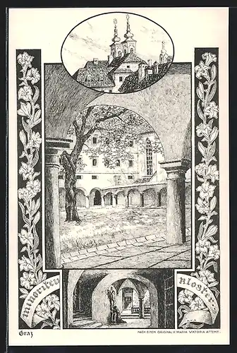 Künstler-AK Graz, Kirchtürme, Partie im Kloster