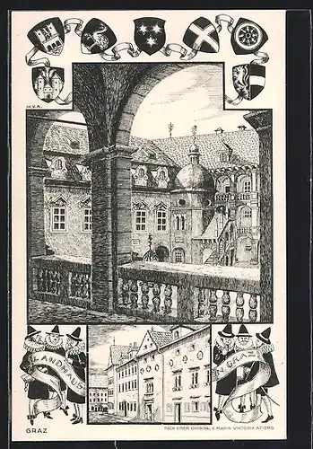 Künstler-AK Graz, Hotel Landhaus, Hof durch Torbogen