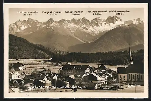 AK Seefeld i. T., Teilansicht mit den Kalkköglen, Gr. Ochsenwand, Schlickerzinnen und Schlickerseespitze