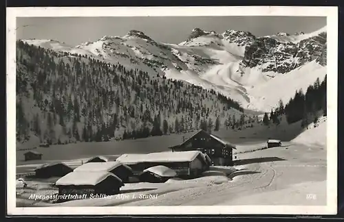 AK Telfes im Stubai, Alpengastwirtschaft Schliker Alpe im Schnee