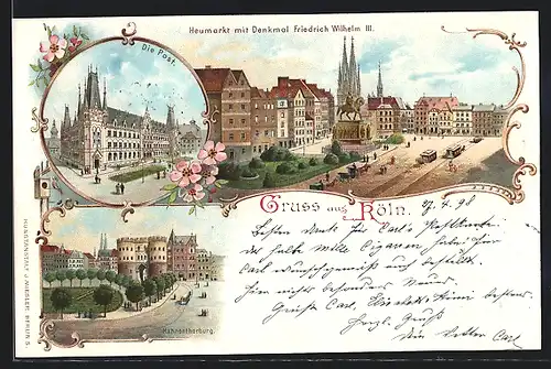 Lithographie Köln, Heumarkt mit Denkmal Friedrich Wilhelm III., Post