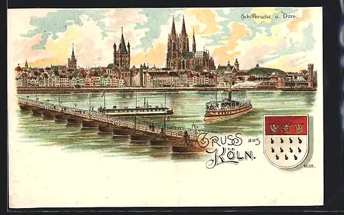 Lithographie Köln, Stadtpanorama mit Schiffbrücke und Dom, Wappen