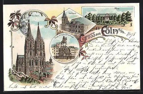 Lithographie Cöln a. Rh., Flora, Dom, Rathaus