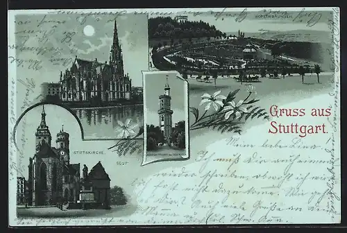 Mondschein-Lithographie Stuttgart, Bopserbrunnen, Stiftskirche, Aussichtsturm bei Oegerloch