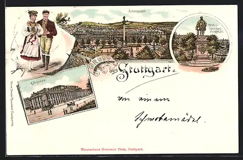 Lithographie Stuttgart, Königsbau, Schlossplatz, Herzog Christoph Denkmal, Tracht