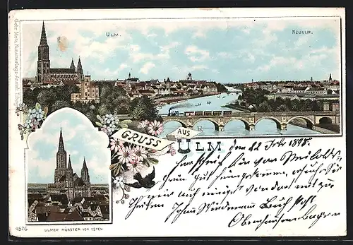 Lithographie Ulm, Ortsansicht mit Brücke, Ulmer Münster von Osten