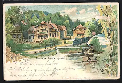 Lithographie Radebeul, Gasthaus Meierei Lössnitzgrund, Gondelteich