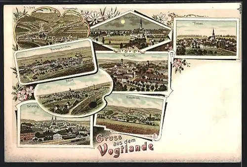 Lithographie Rodewisch, Ortsansicht, Ansichten Treuen, Auerbach, Adorf, Falkenstein