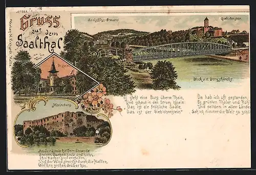 Lithographie Halle /Saale, Brücken-Panorama mit Saalschloss-Brauerei und Giebichenstein, Moritzburg