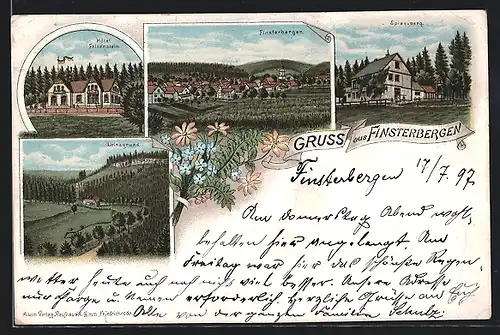 Lithographie Finsterbergen, Hotel Felsenstein, Spiessberg, Leinagrund