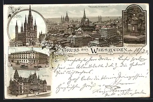 Vorläufer-Lithographie Wiesbaden, 1895, Bodenstedt Denkmal, Rathhaus, Totalansicht aus der Vogelschau