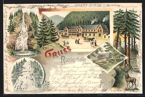 Lithographie Goslar, Hotel Romkerhalle von Th. Hulsch, Wasserfall im Sommer und im Winter