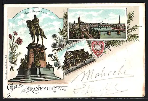 Lithographie Frankfurt a. M., Kaiser-Wilhelm-Denkmal, Panorama, Opernhaus, Wappen