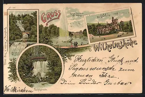 Lithographie Wilhelmshöhe, Löwenburg, Teufelsbrücke mit Wasserfall, Grosse Fontaine und Schloss