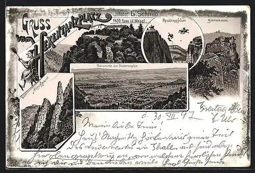 Lithographie Thale, Schmids Gasthaus Hexentanzplatz, Panorama vom Hexentanzplatz, Rosstrappfelsen