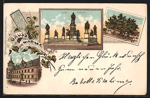 Lithographie Worms, Luther-Denkmal und -Baum, Rathaus