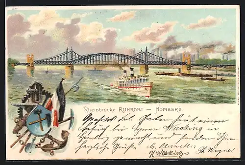 Lithographie Homberg, Rheinbrücke Ruhrort