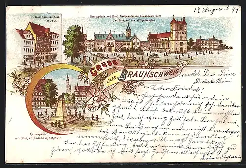 Lithographie Braunschweig, Demmersches Haus im Sack, Burgplatz mit Burg, Löwensäule und Dom