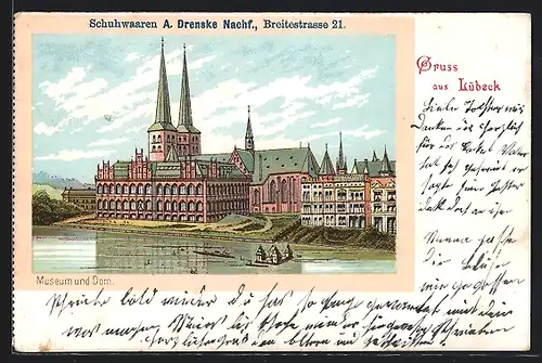 Lithographie Lübeck, Museum und Dom aus der Vogelschau, Reklame Schuhwaren A. Drenske Nachf.