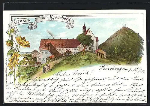 Lithographie Bischofsheim / Rhön, Franziskanerkloster auf dem Kreuzberg