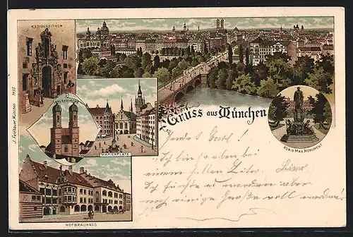 Lithographie München, Totalansicht, Frauenkirche, Hofbräuhaus