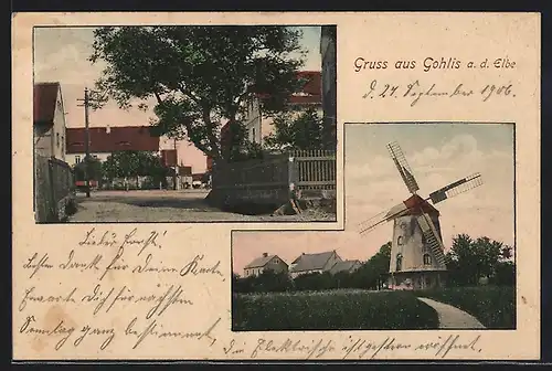 AK Gohlis /Elbe, Windmühle mit Häusern, Ortspartie