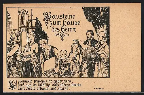 Künstler-AK Dresden-Trachenberge, Baustein für die Kirche, Gemeindemitglieder und Pastor