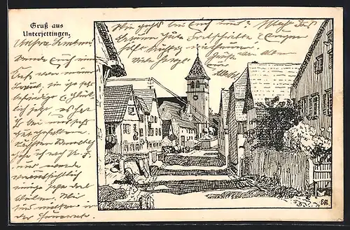 Künstler-AK Unterjettingen, Strassenpartie mit Kirche