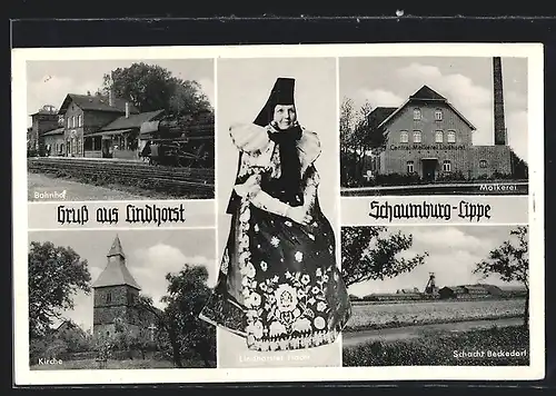 AK Lindhorst / Schaumburg Lippe, Bahnhof, Molkerei, Kirche
