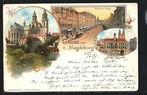 Lithographie Magdeburg, Strasse Breiter Weg, Alter Markt, Dom