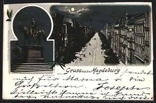 Mondschein-Lithographie Magdeburg, Strassenpartie aus der Vogelschau, Kaiser Wilhelm-Denkmal