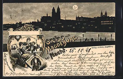 Mondschein-Lithographie Magdeburg, Panorama bei Nacht, Feiernde Kneipengäste