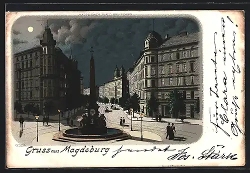 Mondschein-Lithographie Magdeburg, Strassenpartie mit Denkmal aus der Vogelschau