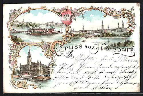Lithographie Hamburg-St.Georg, Alsterlust, Lombardbrücke