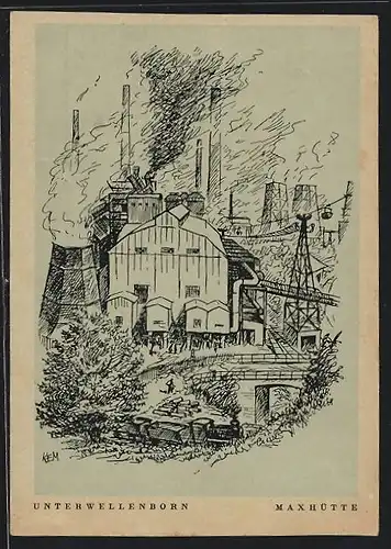 Künstler-AK Unterwellenborn, Maxhütte, Bergbau