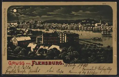 Mondschein-Lithographie Flensburg, Teilansicht mit Kirche
