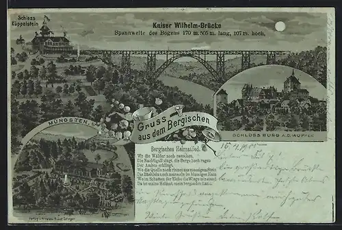 AK Müngsten, Kaiser-Wilhelm-Brücke, Schloss Küppelstein, Schloss Burg a. d. Wupper