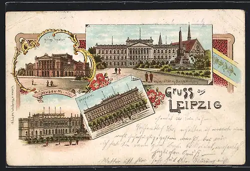 Lithographie Leipzig, Museum, Universität mit Mendebrunnen, Neues Theater