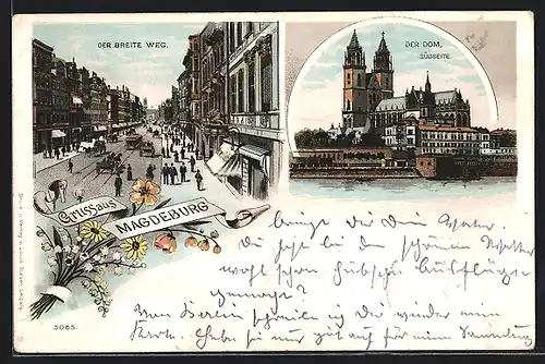 Lithographie Magdeburg, Dom Südseite, Strasse Breiteweg