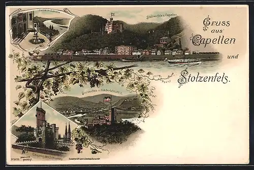 Lithographie Capellen, Panorama mit Niederlahnstein und Hotel, Teilansicht mit Stolzenfels, Partie im Schloss