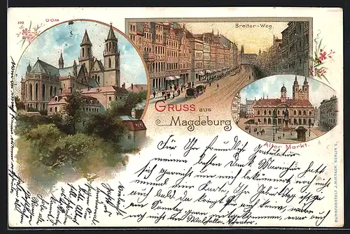 Lithographie Magdeburg, Alter Markt, Dom, Breiter Weg im Abendlicht