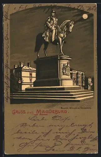 Lithographie Magdeburg, Ansicht vom Kaiser Wilhelm-Denkmal