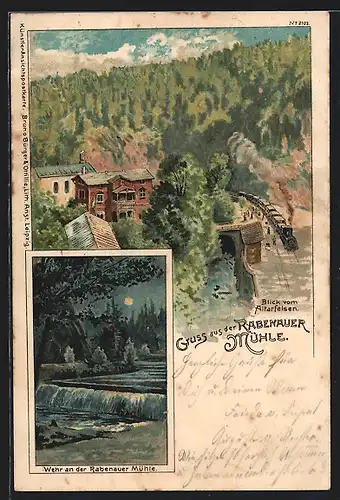 Lithographie Rabenau, Gasthaus Rabenauer Mühle, Wehr an der Mühle