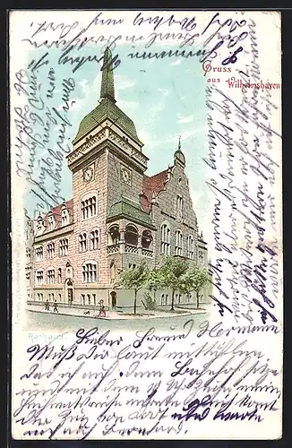 Lithographie Wilhelmshaven, Strassenpartie am Rathaus
