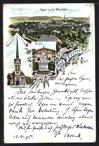Vorläufer-Lithographie Bad Elster, 1895, Trinitatiskirche, Hygiea, Elster von der Alberthöhe