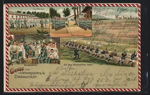 Künstler-AK Darmstadt, Übungsplatz, Zur Menage, Wachablösung, Auf dem Griesheimer Sand