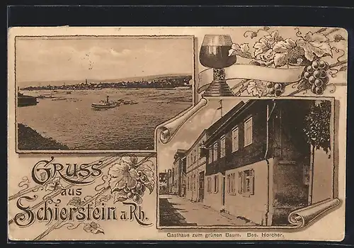 AK Schierstein a. Rh., Gasthaus zum grünen Baum Horcher, Ortspanorama mit Rhein aus der Vogelschau